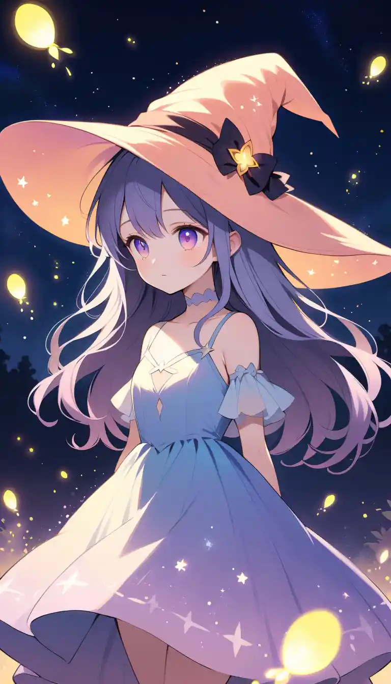 Witch girl under a glowing twilight fantasy sky