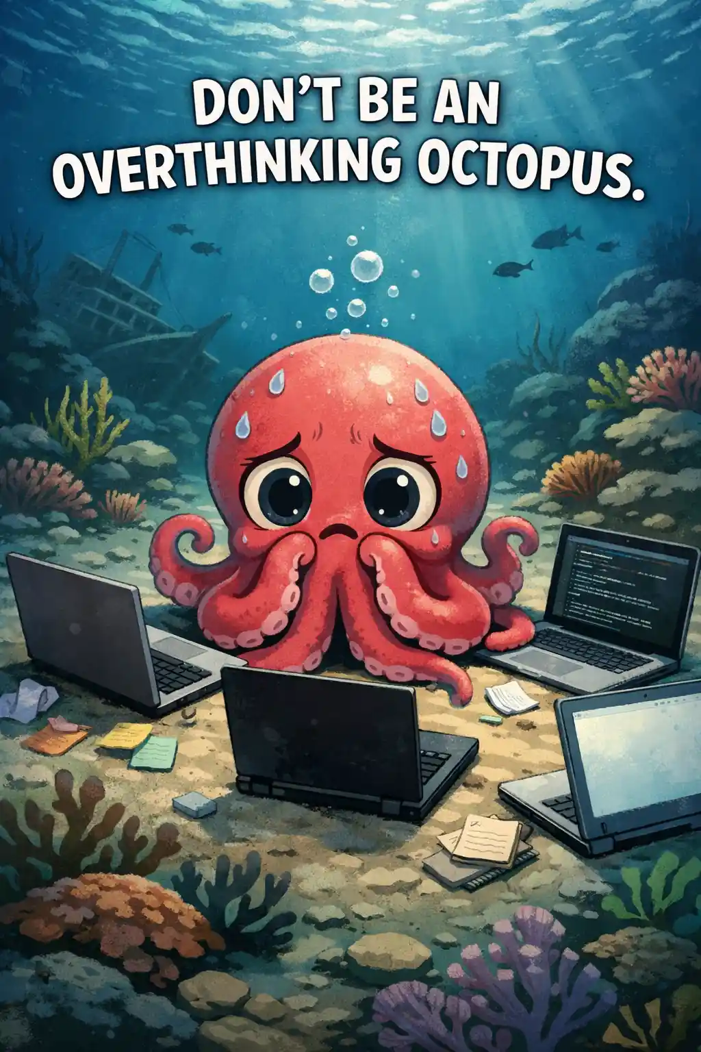 Anxious octopus surrounded by open laptops underwater