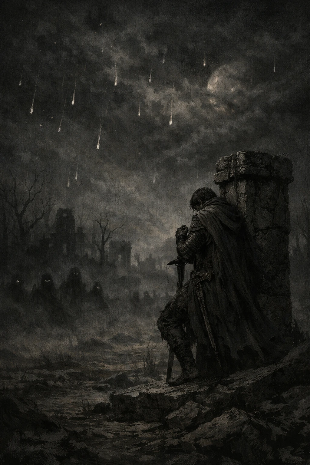 Falling stars over a dark night sky in deep silence