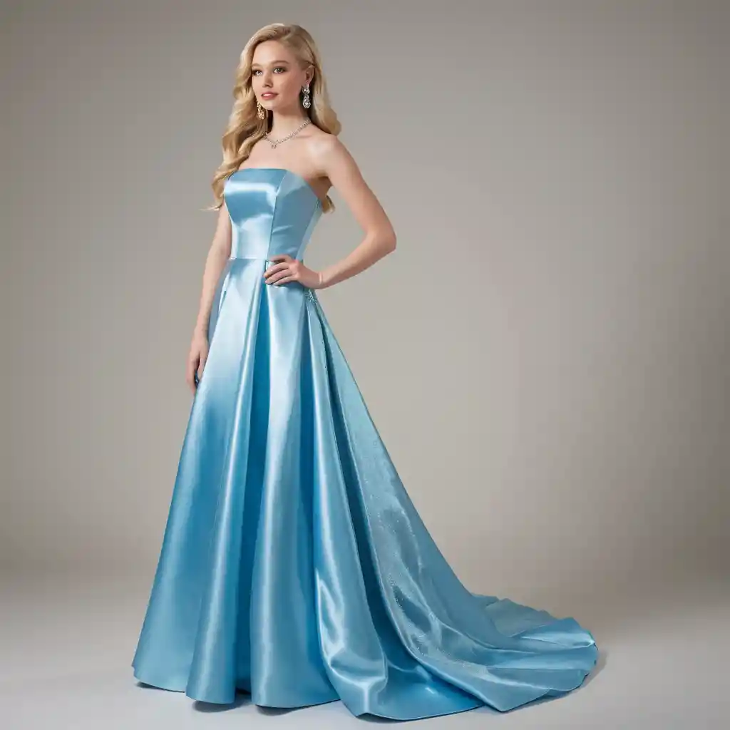 Elegante blonde Frau in himmelblauem trägerlosen Satinkleid