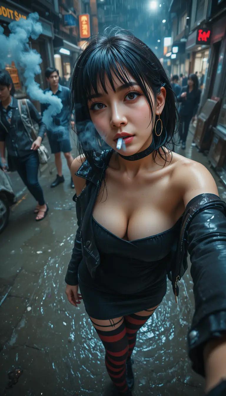 Asian woman taking a rainy street selfie in goth style
