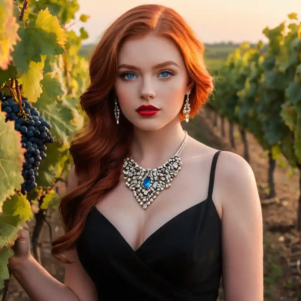 Red haired blue eyed young woman in vineyard at sunset