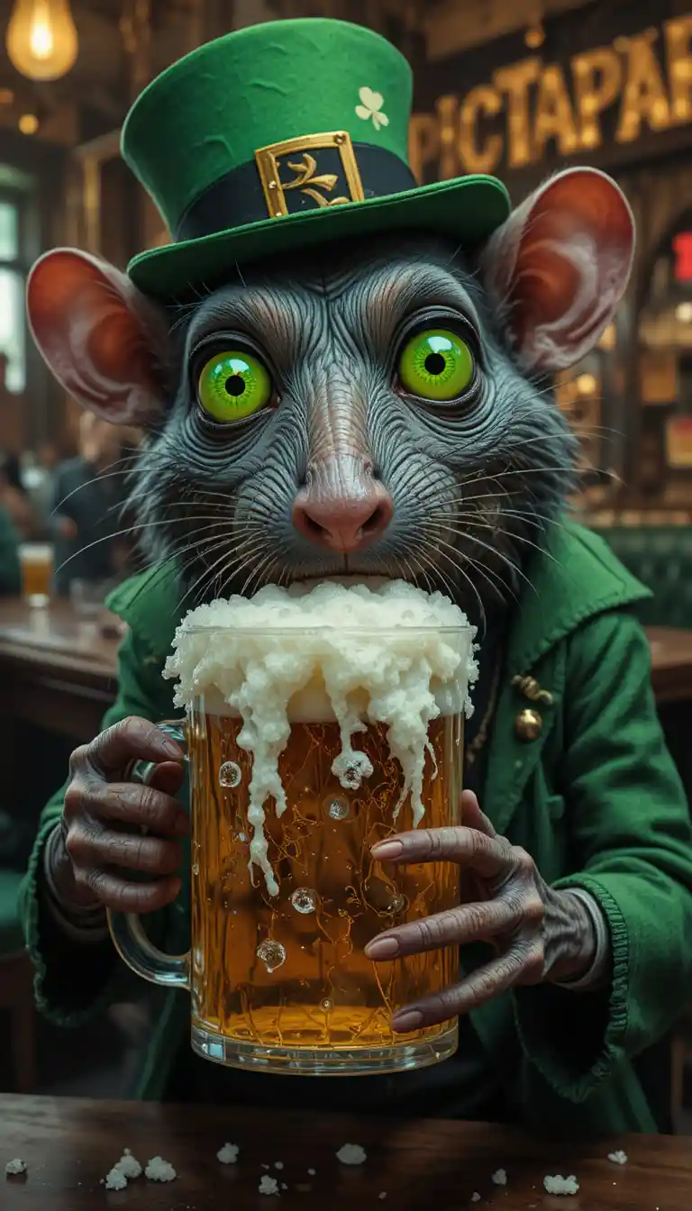 Crazy rat with green eyes drinking beer in bar