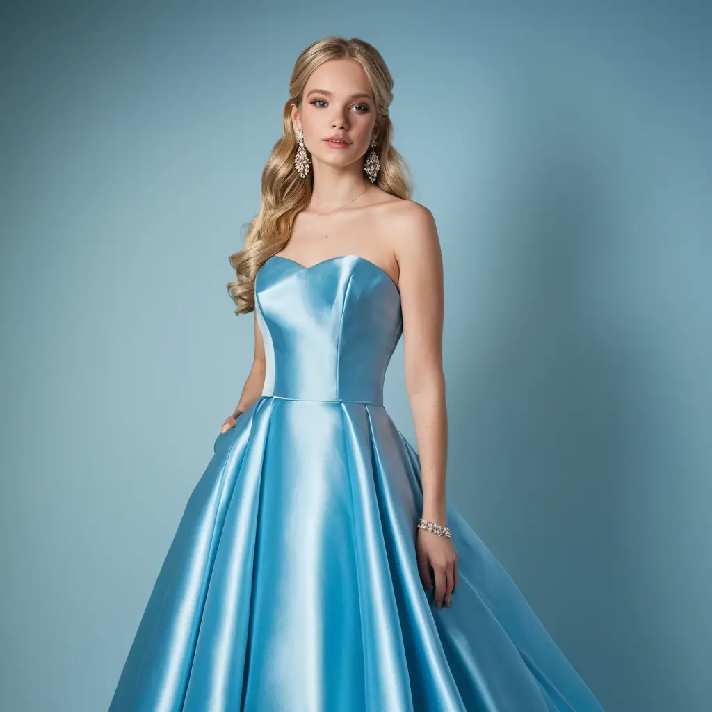 Elegante blonde Frau in einem leuchtend blauen Satin-Abendkleid
