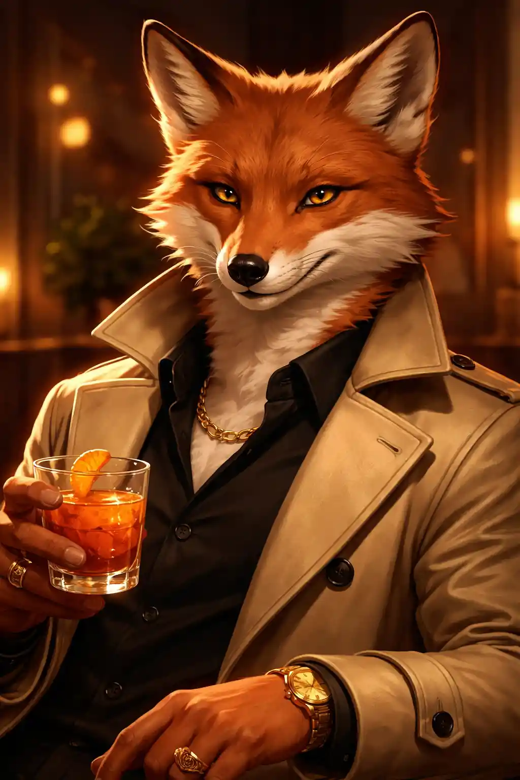 Stilvoller Fuchs im Trenchcoat mit einem Negroni-Cocktail