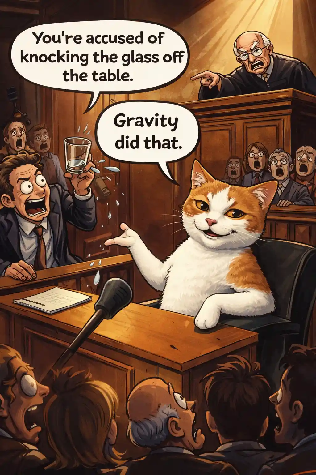 Humorous Cartoon Cat On Trial In A Dramatic Courtroom