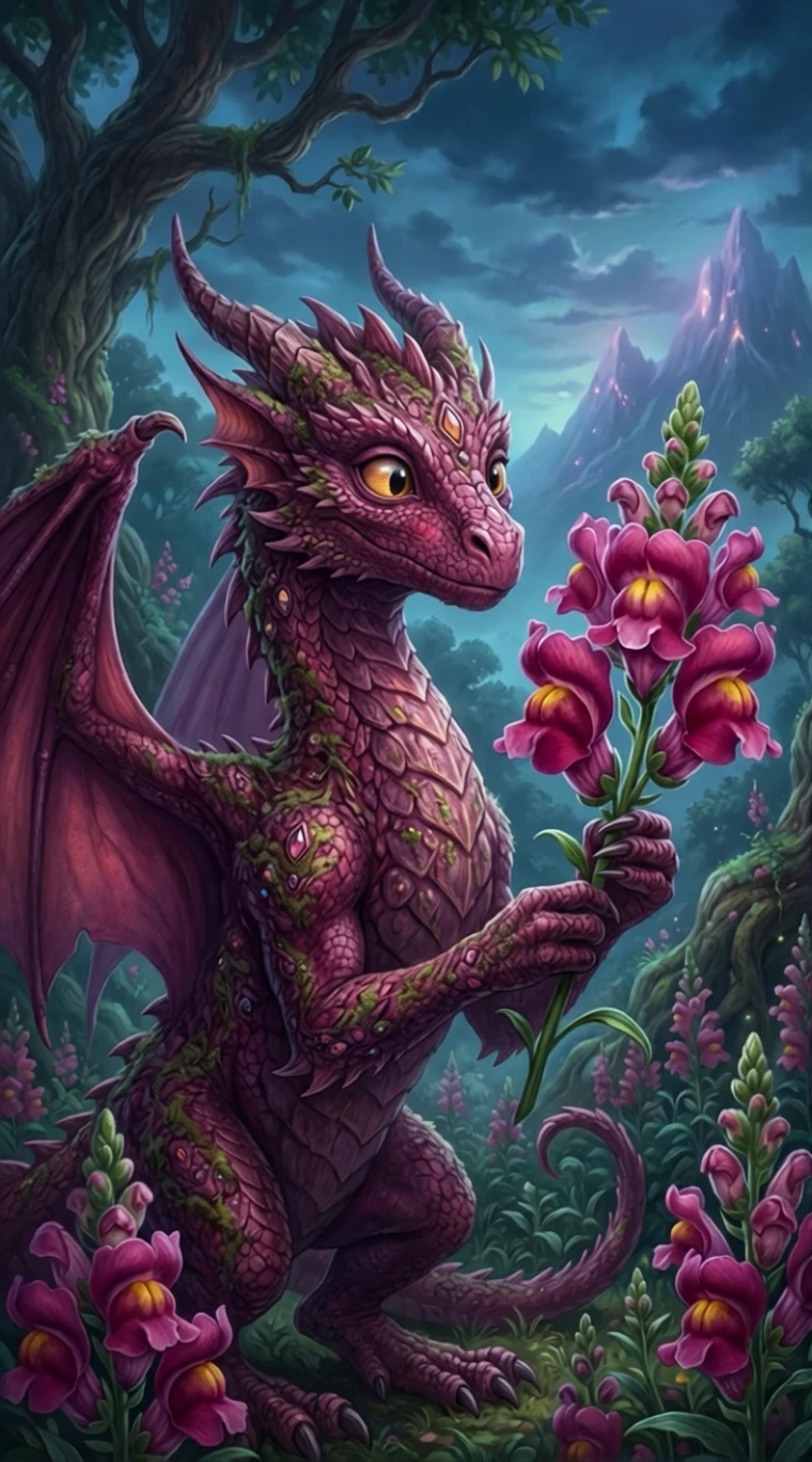 Niedlicher magentafarbener Fantasy-Drache, der eine Löwenmaulblume betrachtet