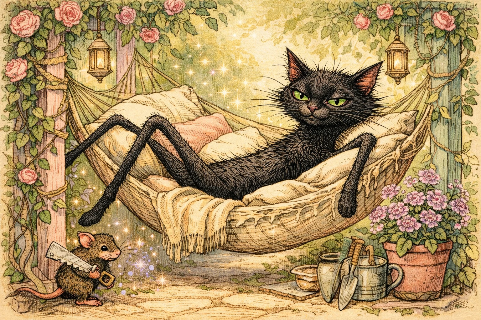 Gatto nero longilineo che si rilassa in un'amaca da giardino pastello