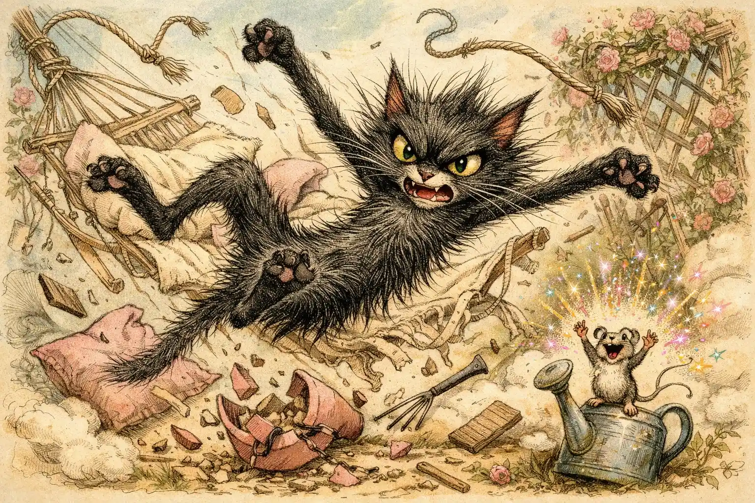 Lanky black cat falling from collapsed pastel garden hammock