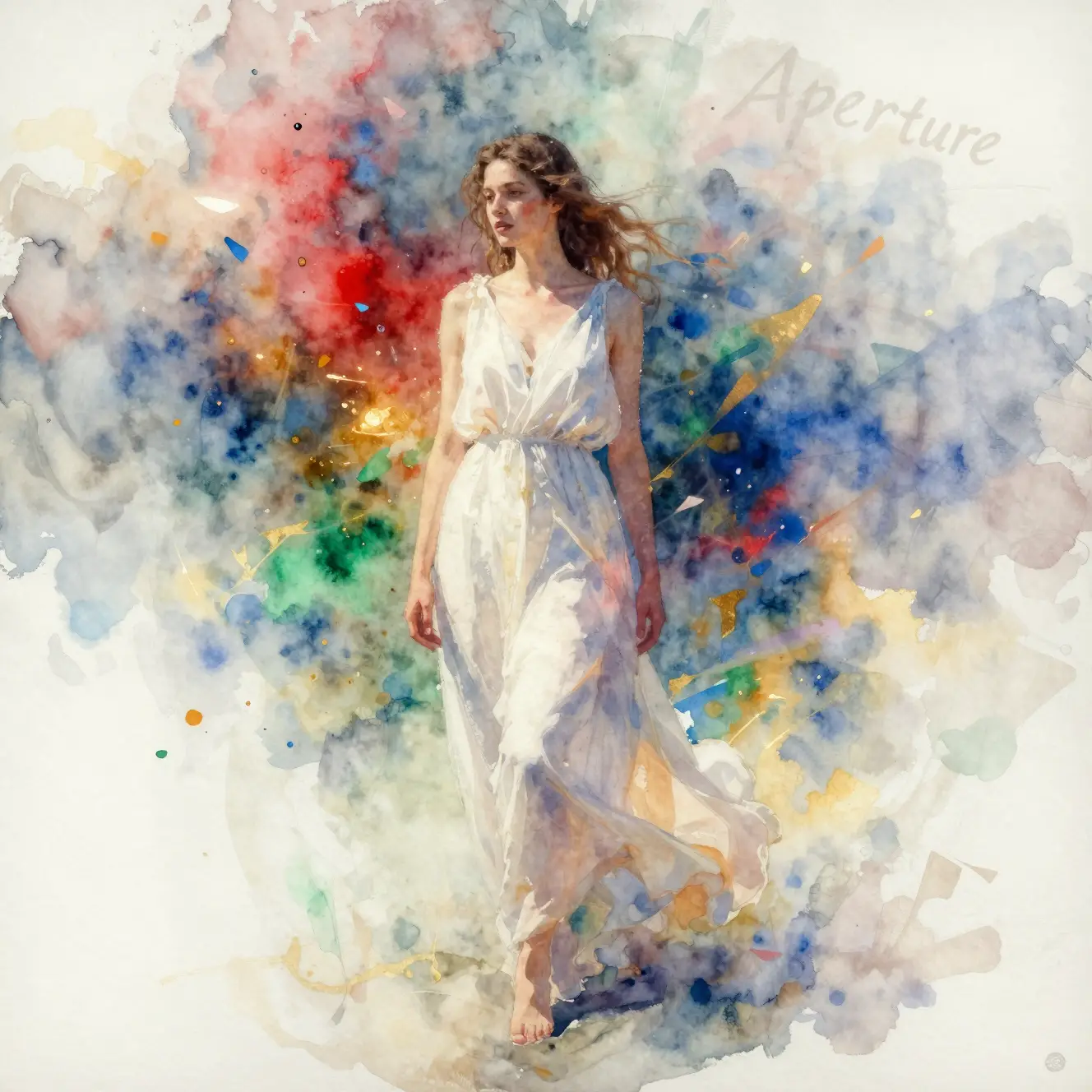 Jeune femme dans une lumière aquarelle prismatique et une douce robe blanche