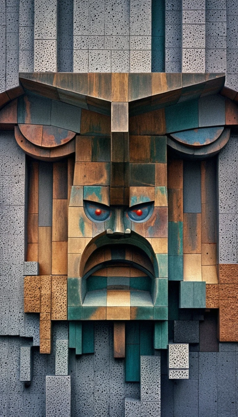 Surreal cubist fusion of two serene stone toned faces