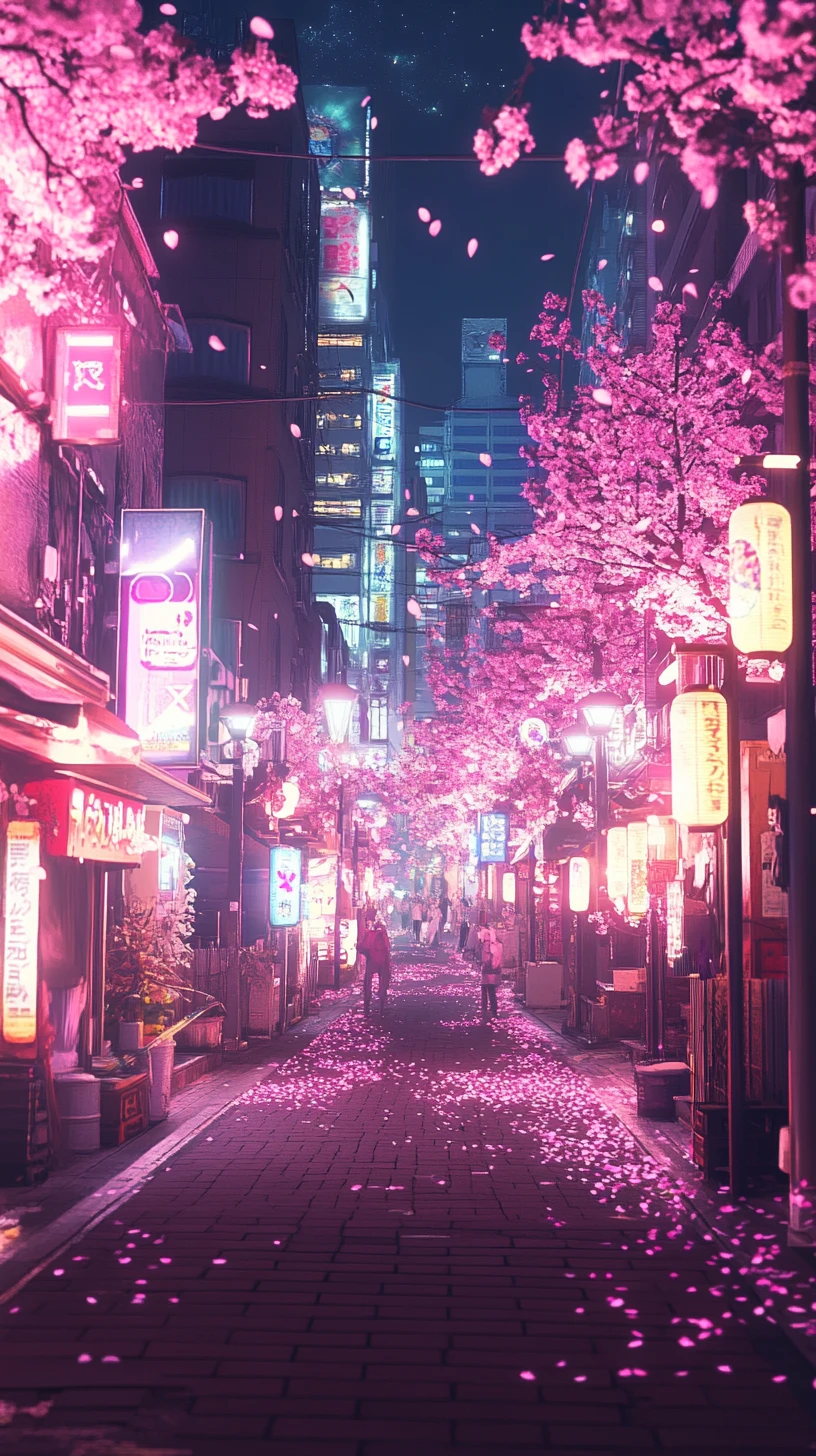 Strada di Tokyo in stile anime di notte con neon e fiori