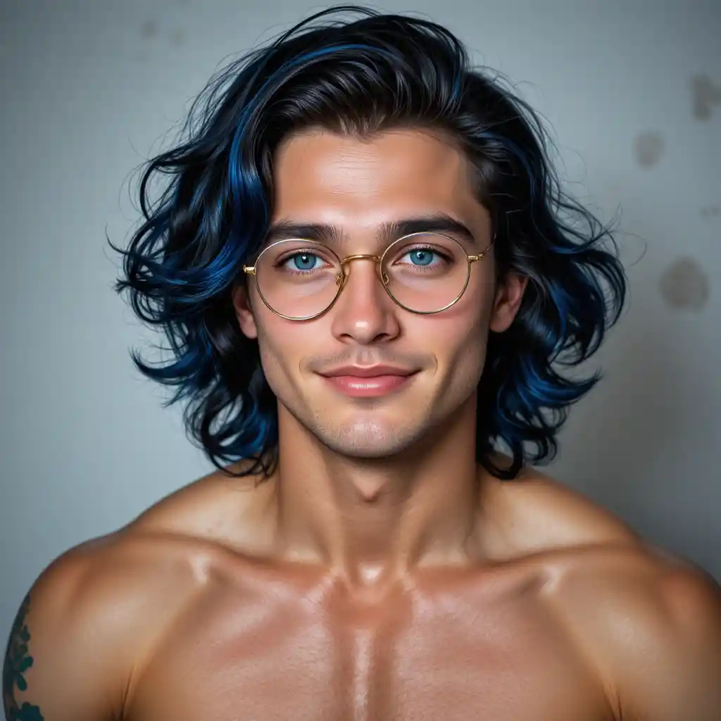 Junger muskulöser Mann mit blau hervorgehobenen Haaren und Brille