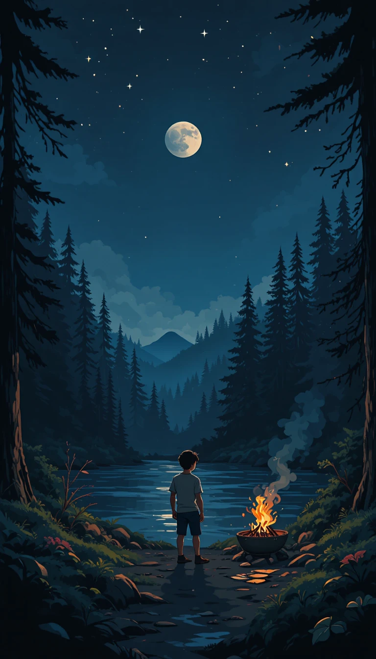 Young adventurer grilling fish by a forest river at night