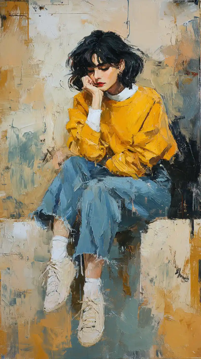 Jeune femme mélancolique en sweat moutarde – peinture figurative