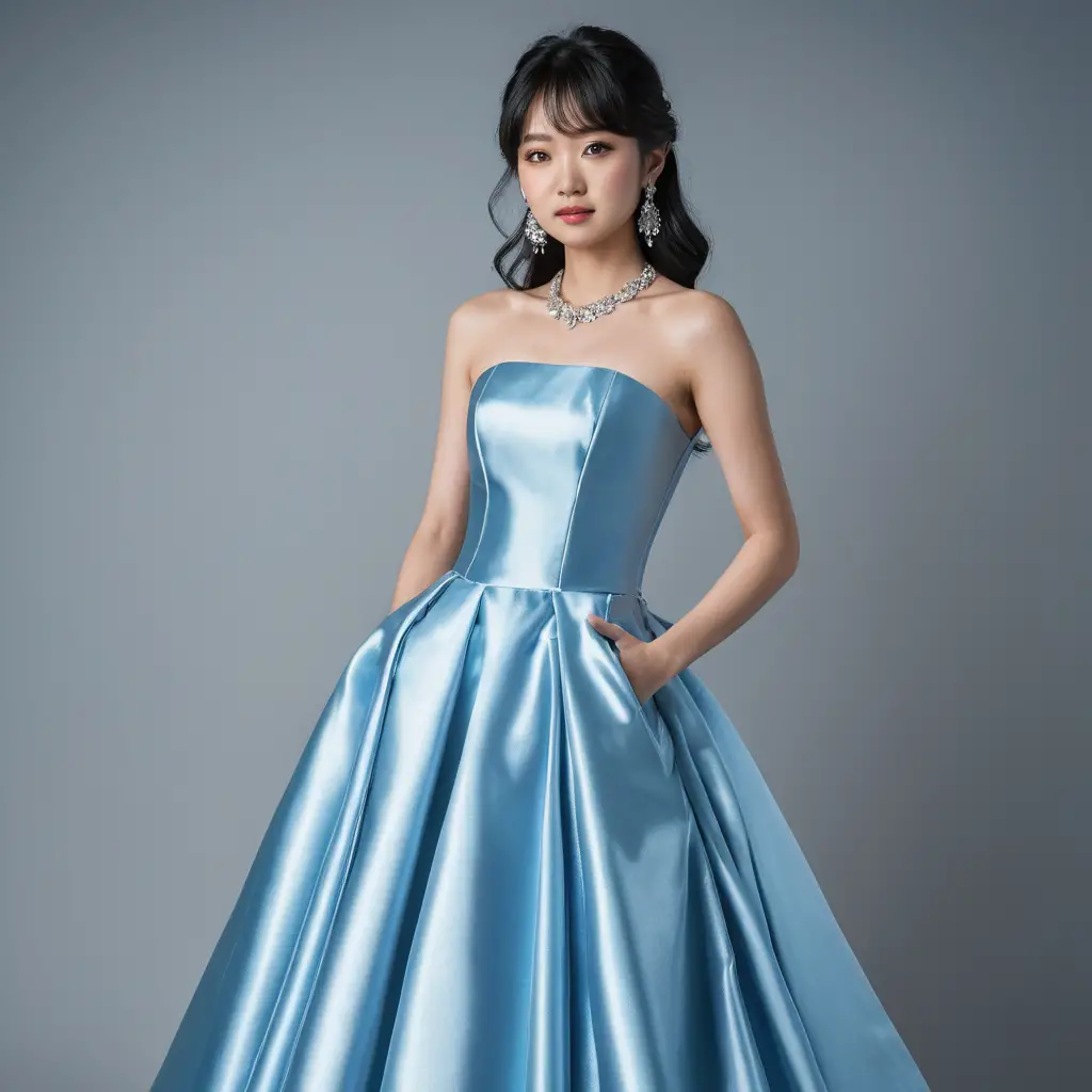 Elegante Frau in leuchtend blauem schulterfreiem Satinkleid
