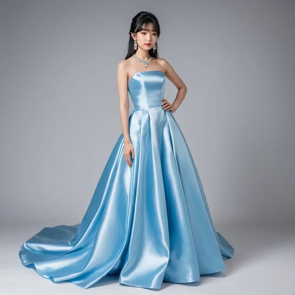 Elegante Frau in leuchtend blauem trägerlosem Satinkleid