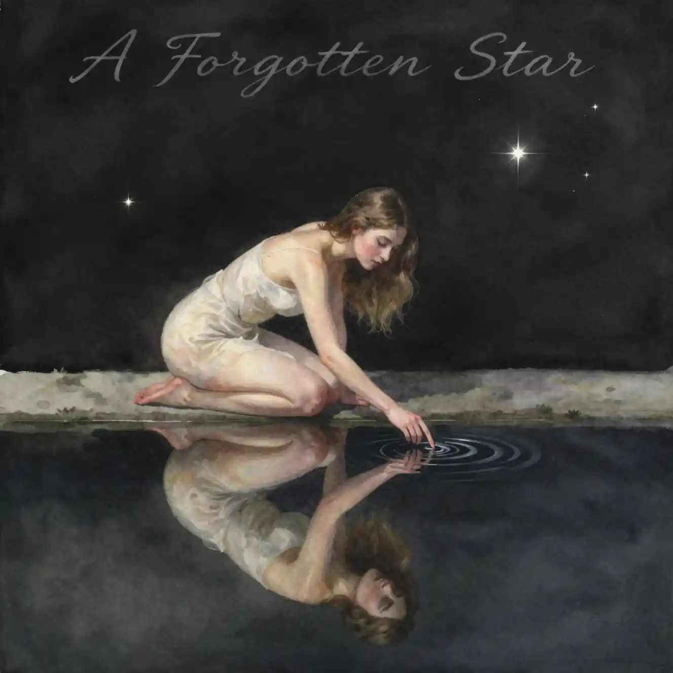 Garota em aquarela tocando um lago negro refletindo estrelas
