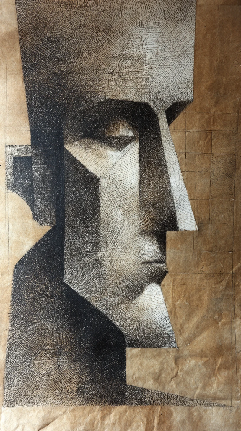 Geometric cubist profile portrait in graphite and charcoal