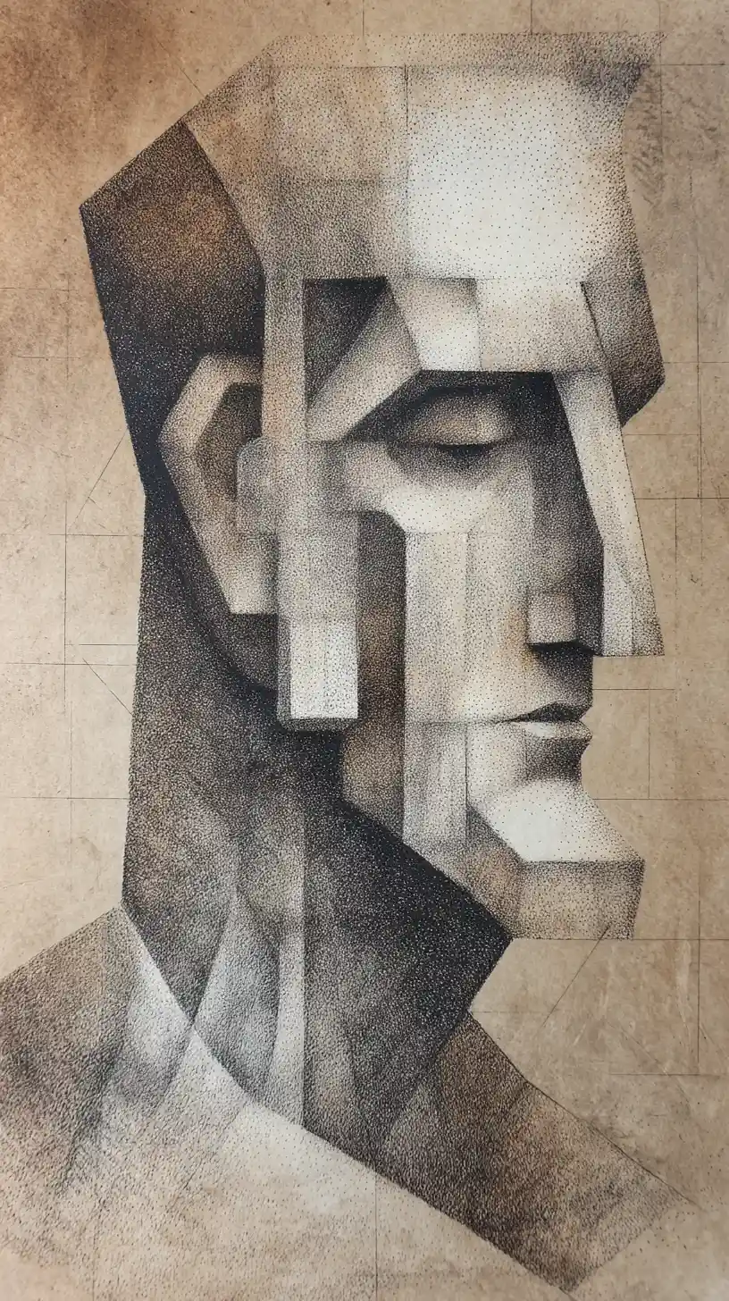 Cubist architectural graphite profile portrait on aged paper