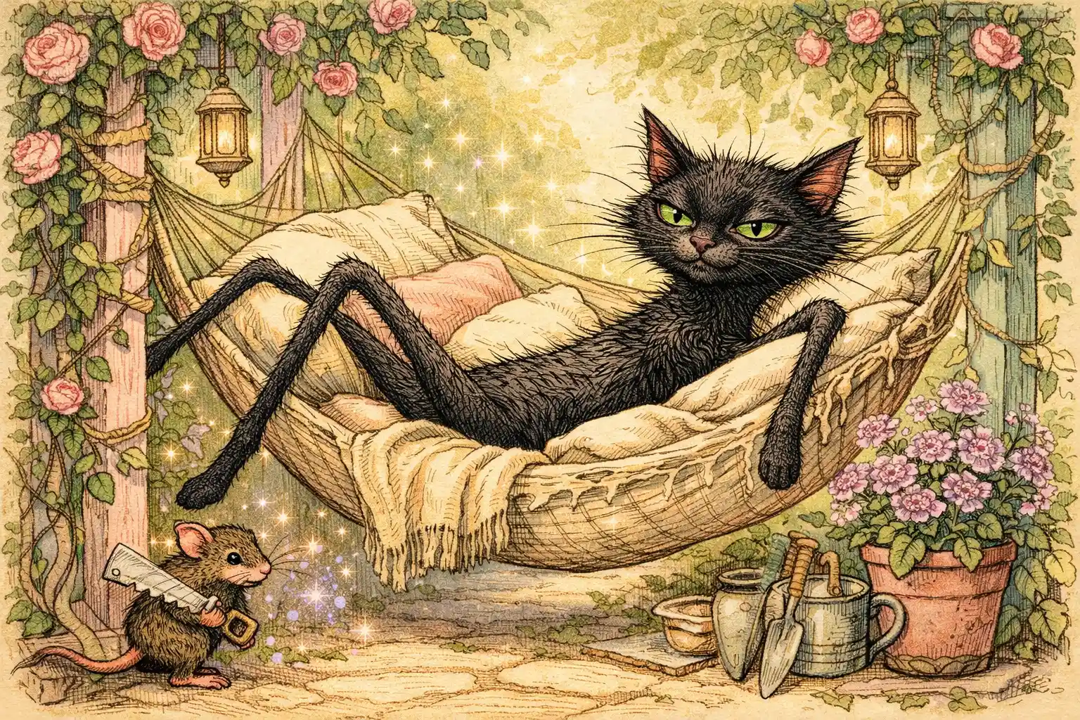 Gatto nero longilineo che si rilassa in un'amaca da giardino pastello