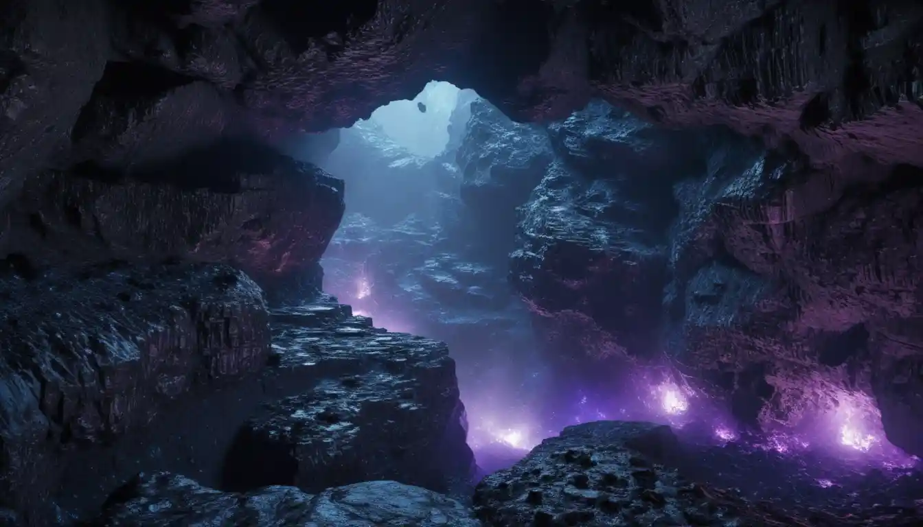 Geheimnisvolle Basalthöhle mit blauem und violettem Reflexlicht