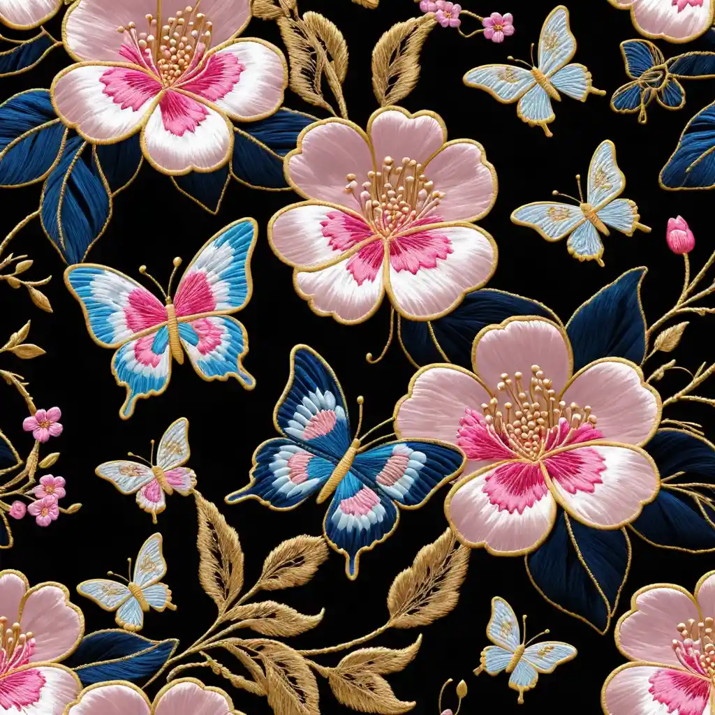 Elegant flower textile pattern with butterflies on black background