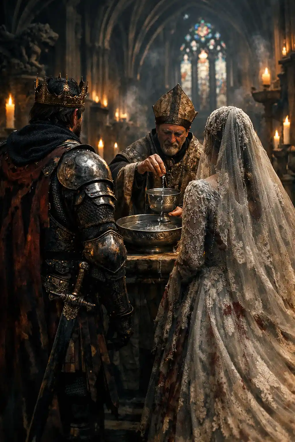 Dunkle Fantasy-Hochzeit vor dem Altar in einer gotischen Kathedrale