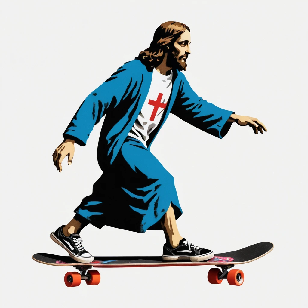Graffiti of Jesus Christ Skateboarding On A White Wall