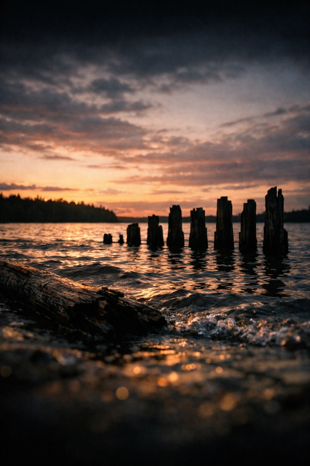Tranquilo lago al atardecer con postes de madera desgastados