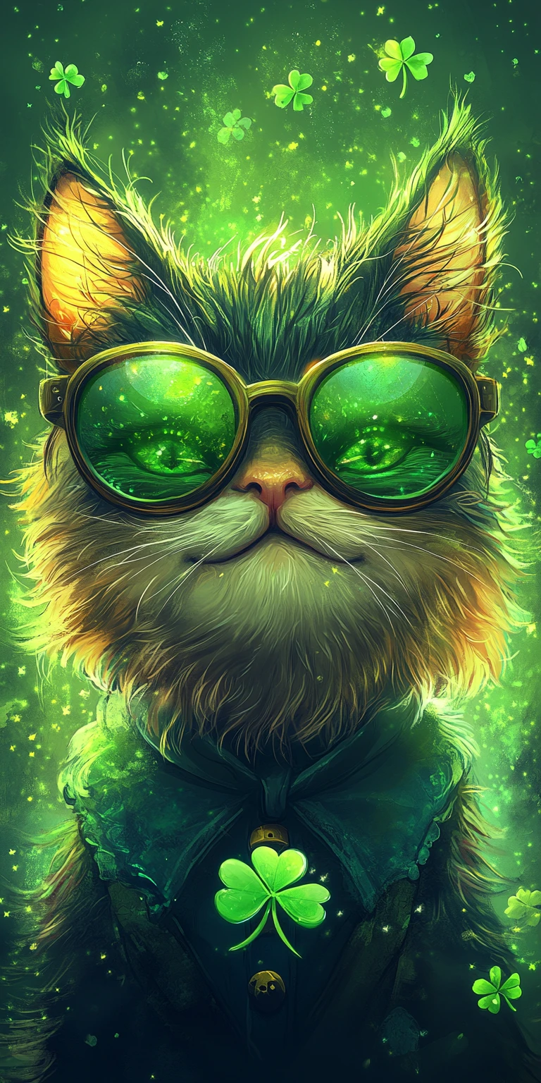 Sarcastic leprechaun cat portrait with glowing green background