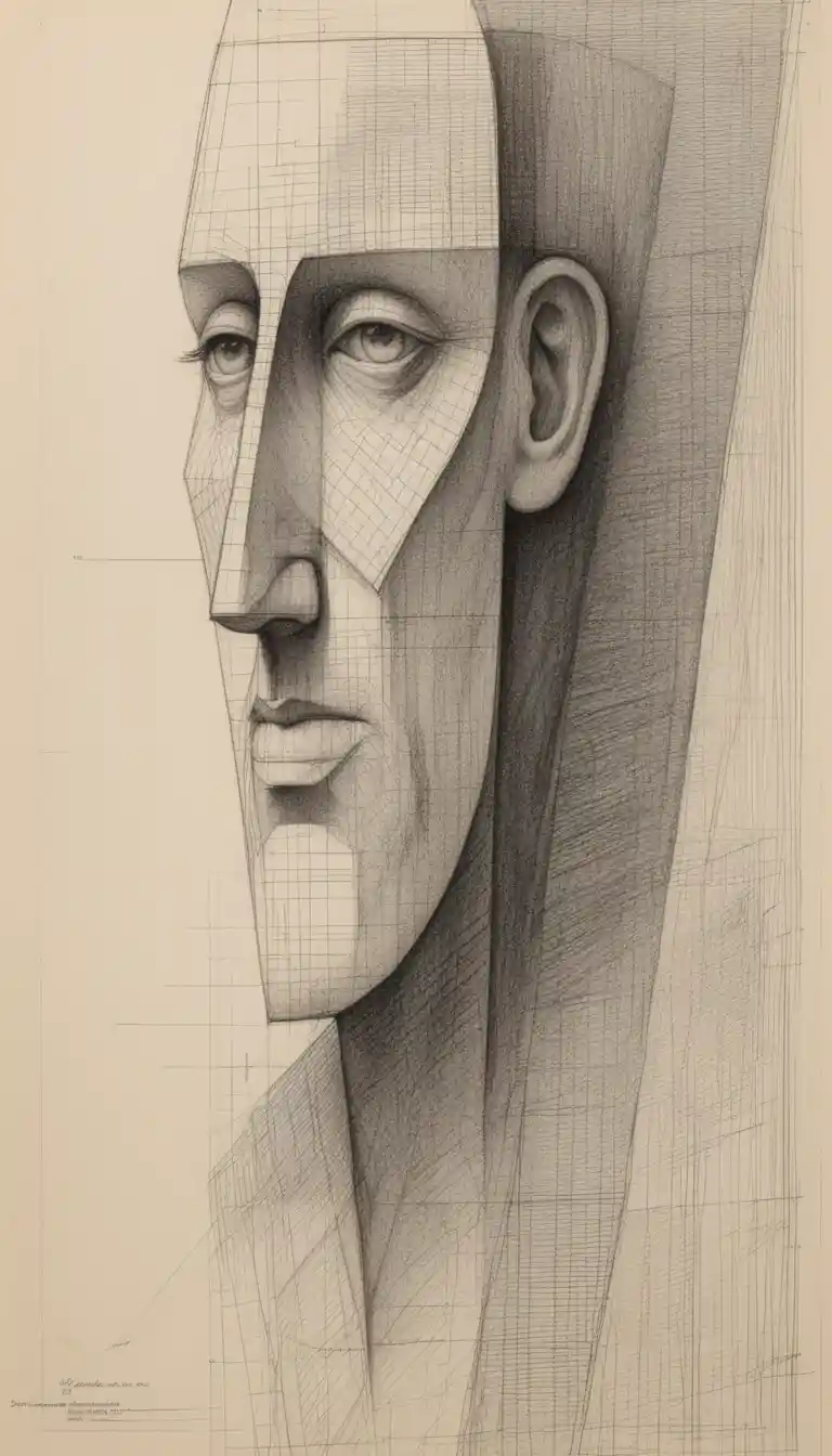 Cubist graphite profile portrait on textured architectural paper