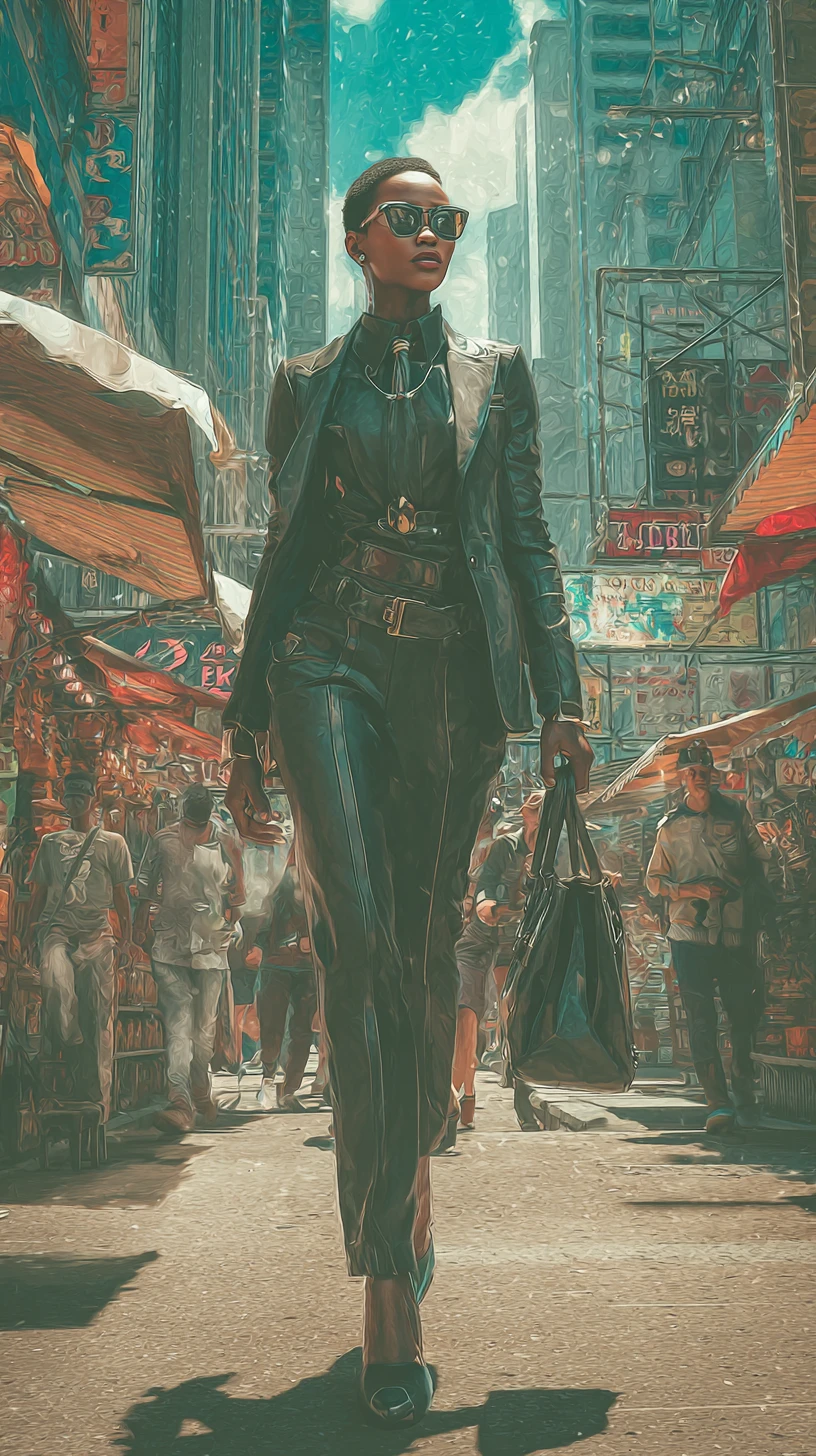 賽博龐克女商人在擁擠的城市街道上行走