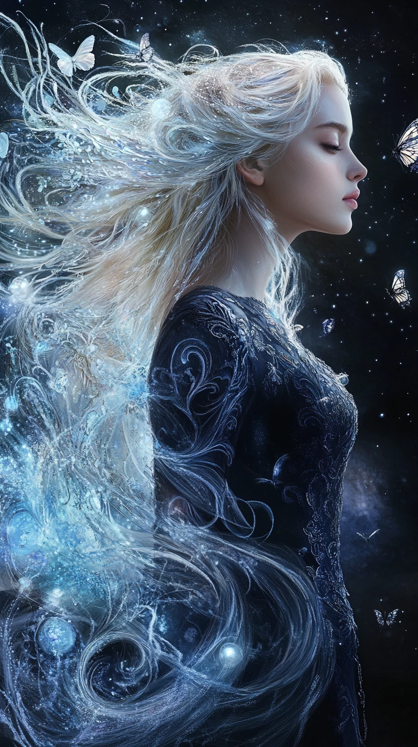Ragazza fantasy in abito blu sotto arabeschi cosmici vorticosi