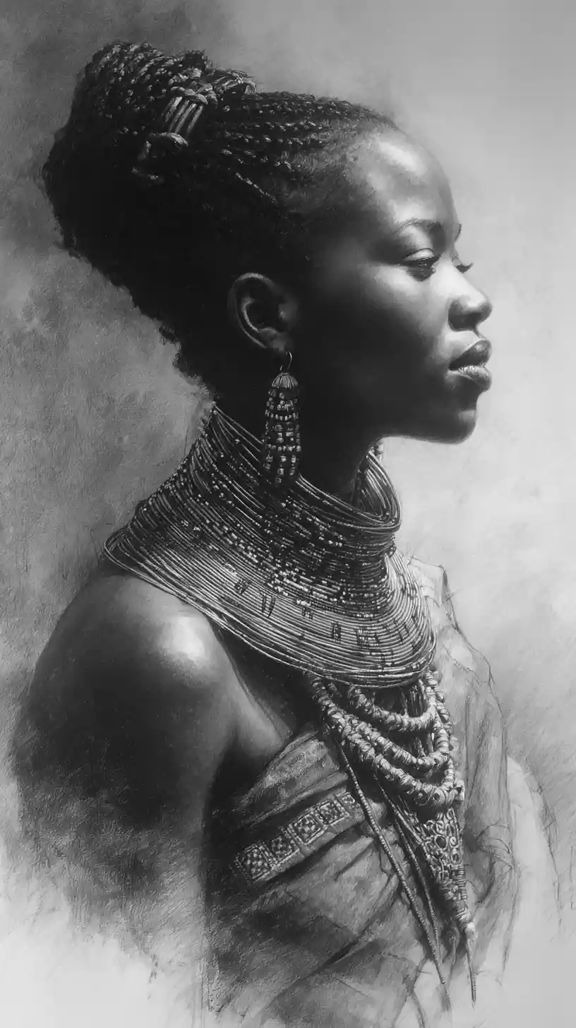 Charcoal portrait of African woman in beaded profile view