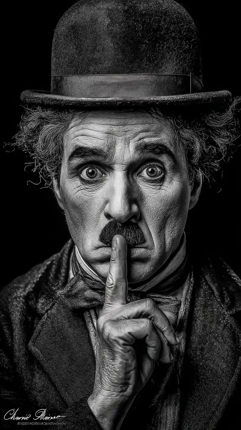 Black and white close up portrait of a silent tramp