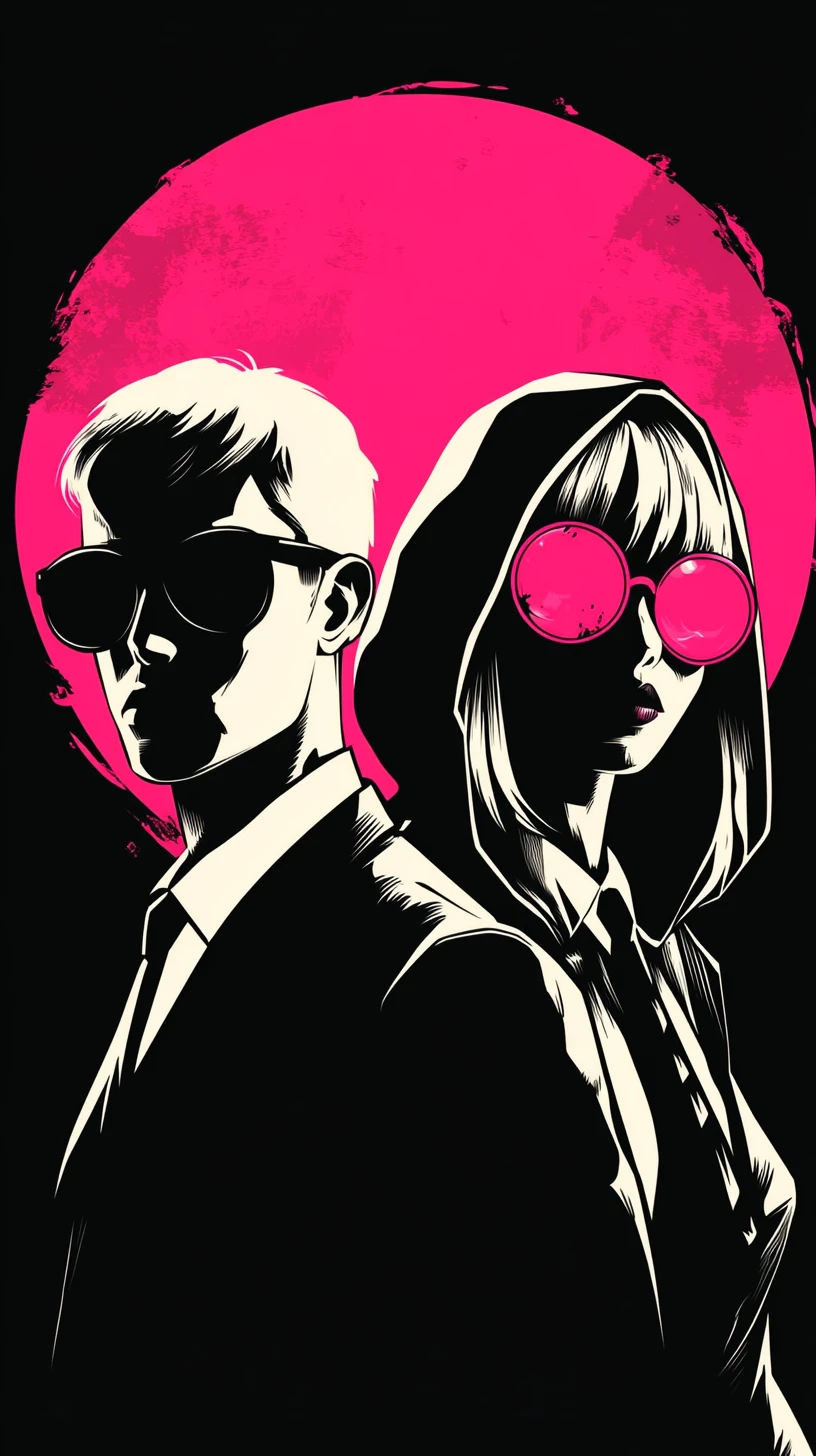 Noir-Silhouetten mit neonmagenta Sonne im markanten Vektorstil
