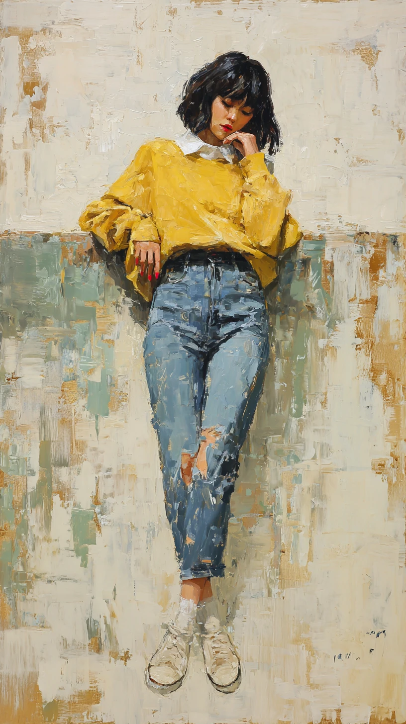Melancholic young woman in mustard sweatshirt full figure