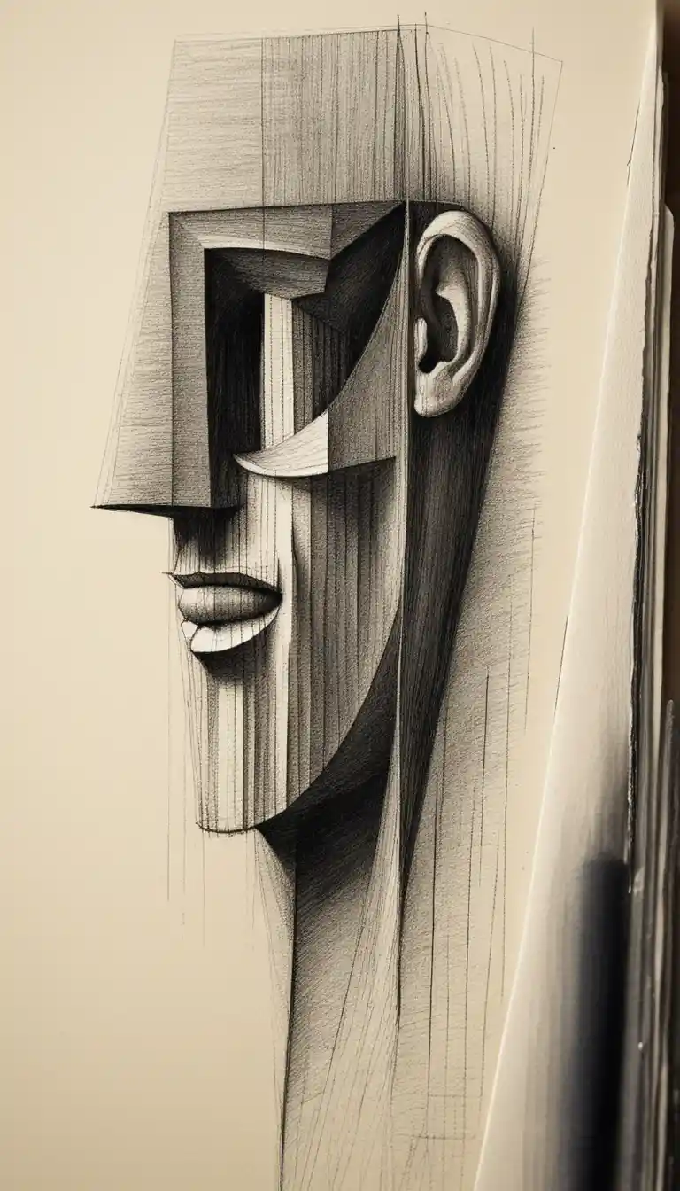 Cubist graphite and charcoal profile portrait on toned paper