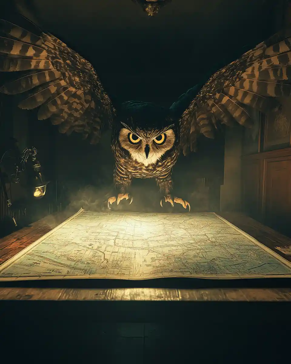 Owl mastermind over glowing city map in underground war room