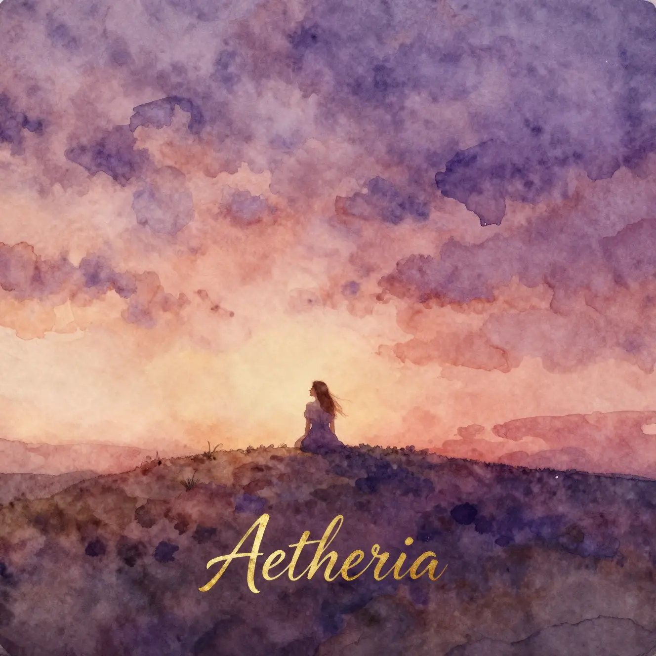 Distant girl on a hilltop in watercolor dusk sky