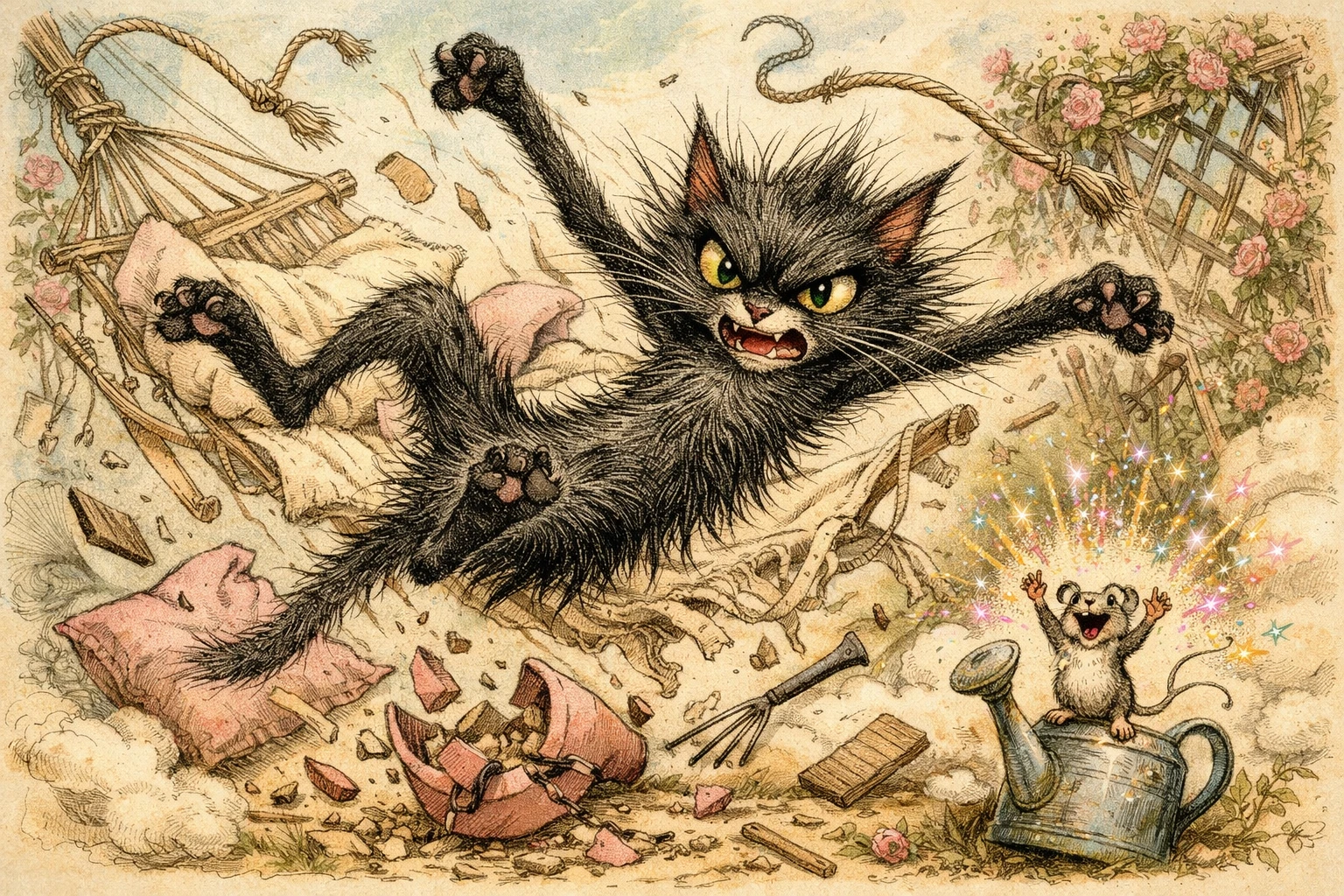 Lanky black cat falling from collapsed pastel garden hammock