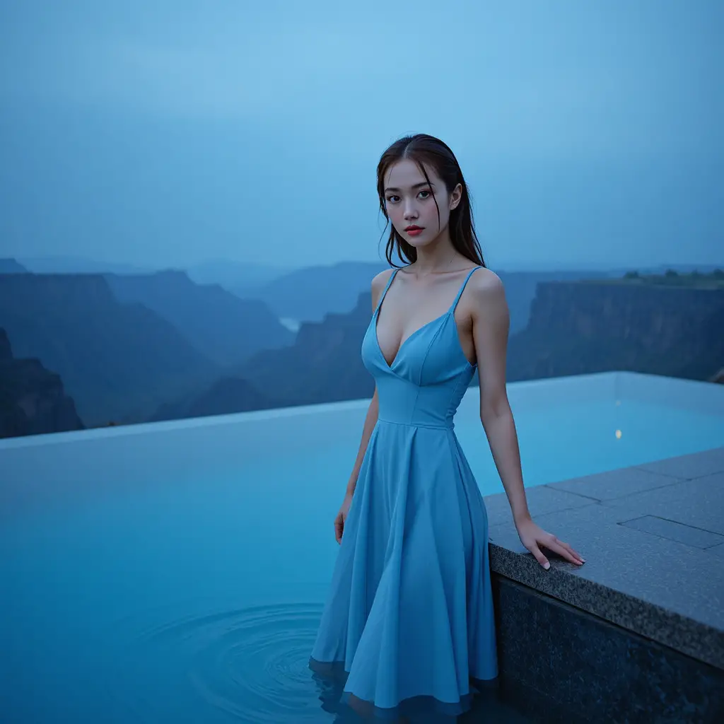 Selbstbewusste Koreanerin am Infinity-Pool im cyanfarbenen Negligé
