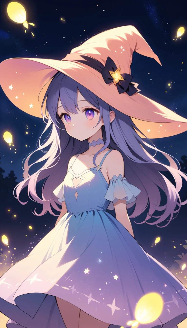 光り輝く黄昏の幻想的な空の下の魔女の少女