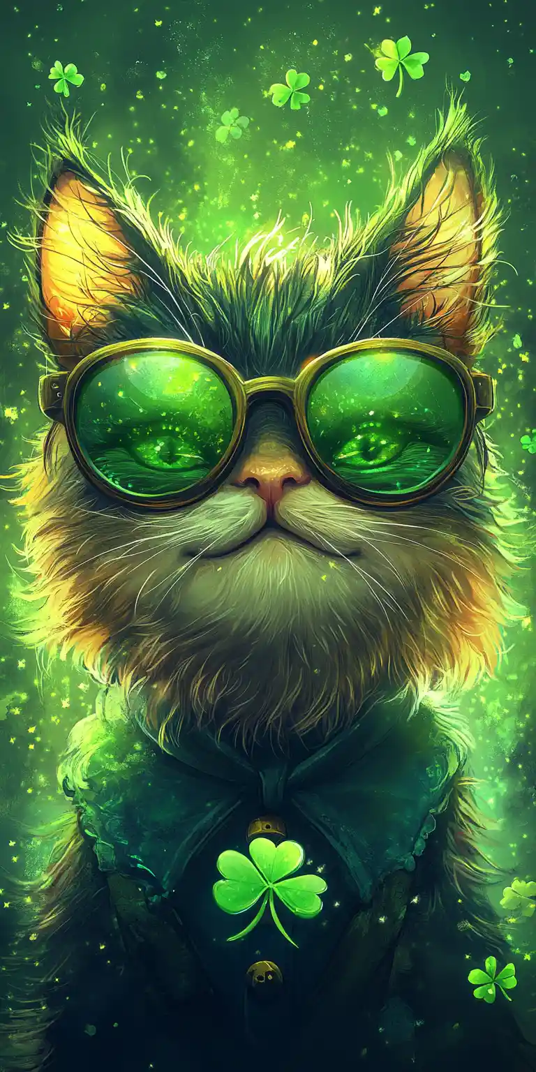 Sarcastic leprechaun cat portrait with glowing green background
