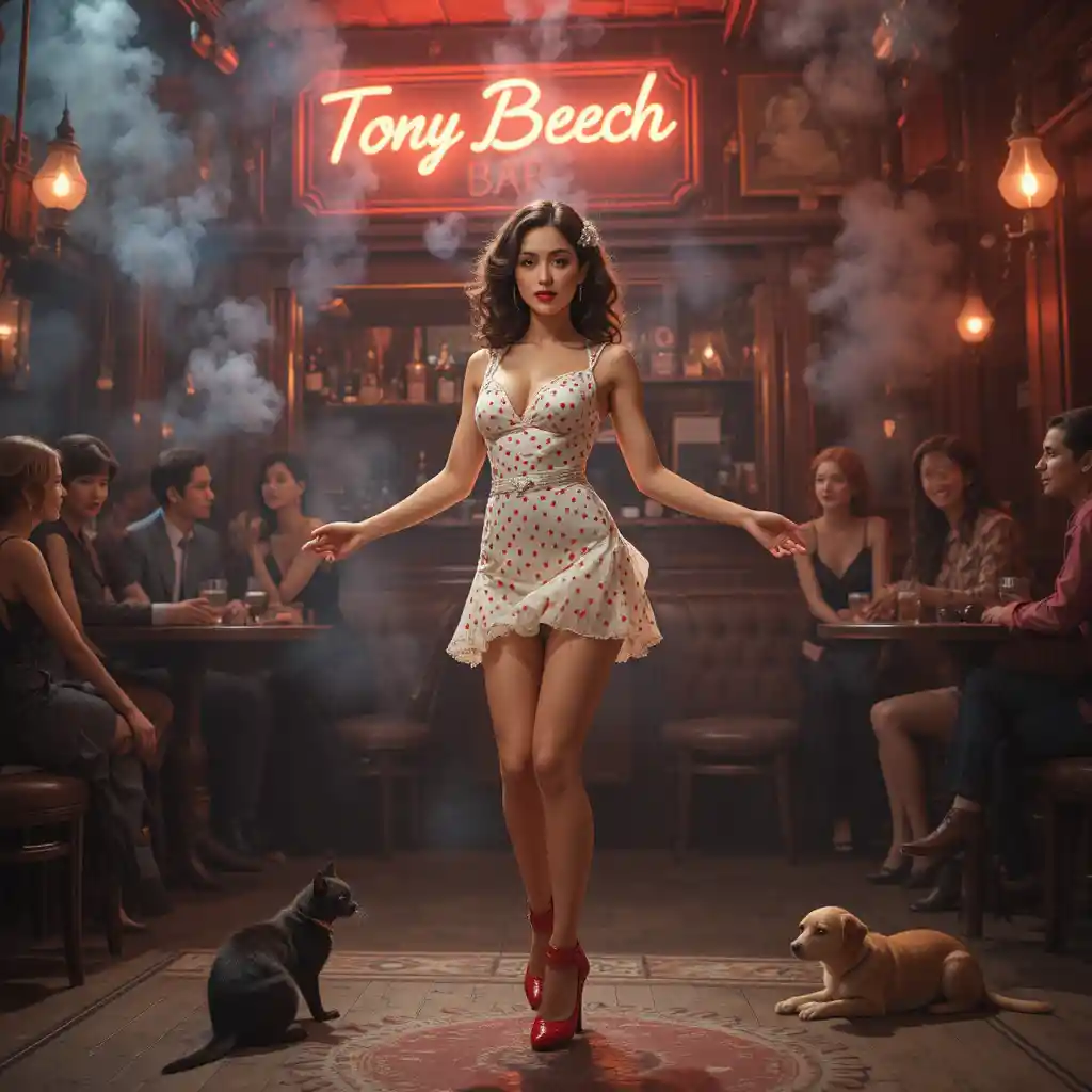 Woman dancing on stage in a smoky vintage nightclub