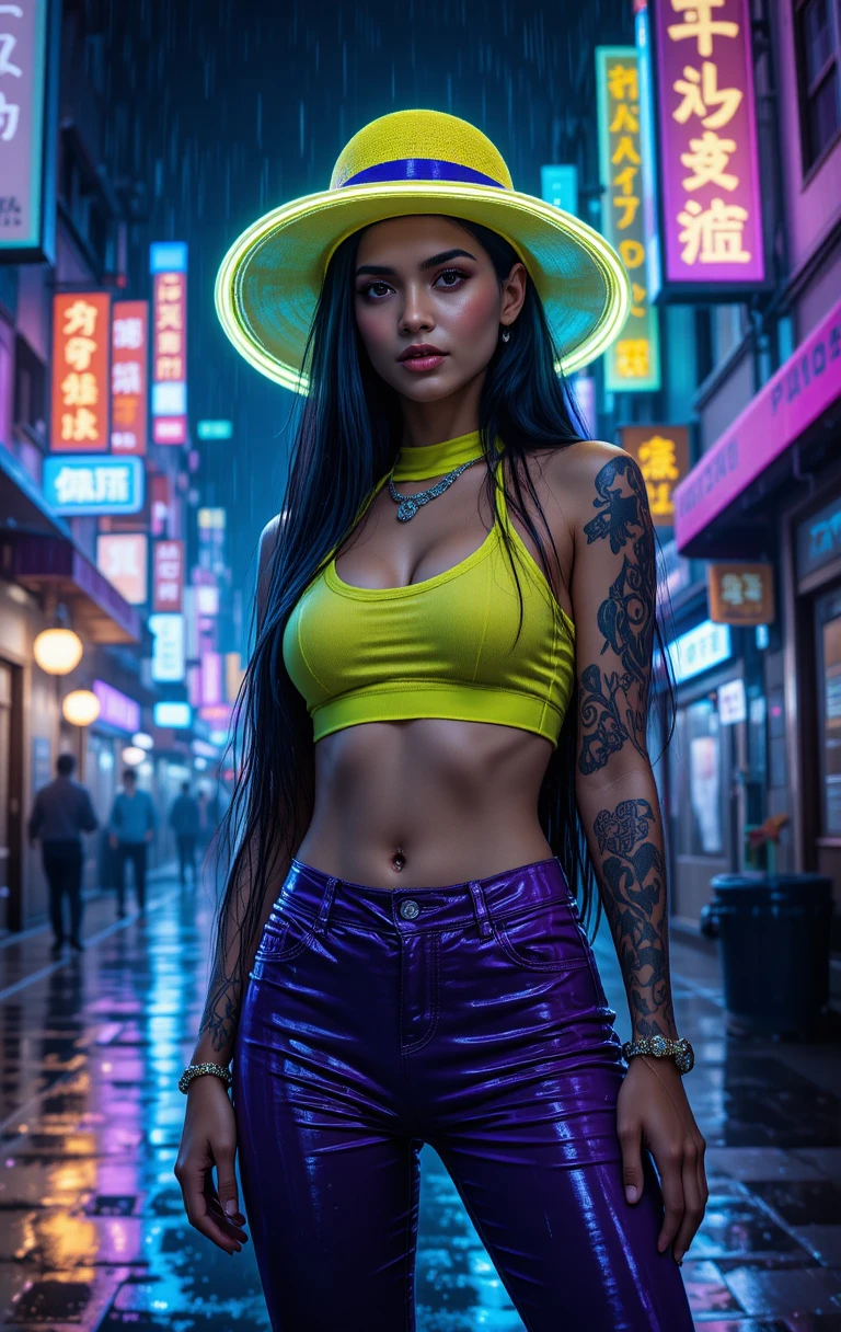Cyberpunk-Frau posiert im neonbeleuchteten Regen der Stadt