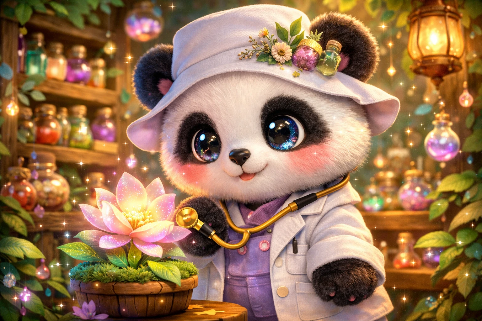 Cute panda doctor studying a glowing magical forest flower
