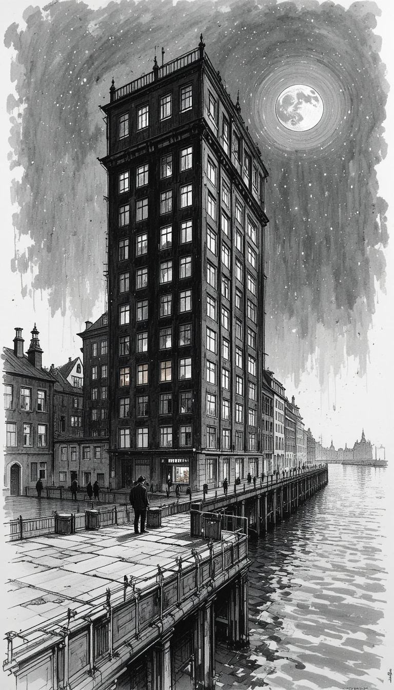 Surreal urban night scene with a lonely man by the water