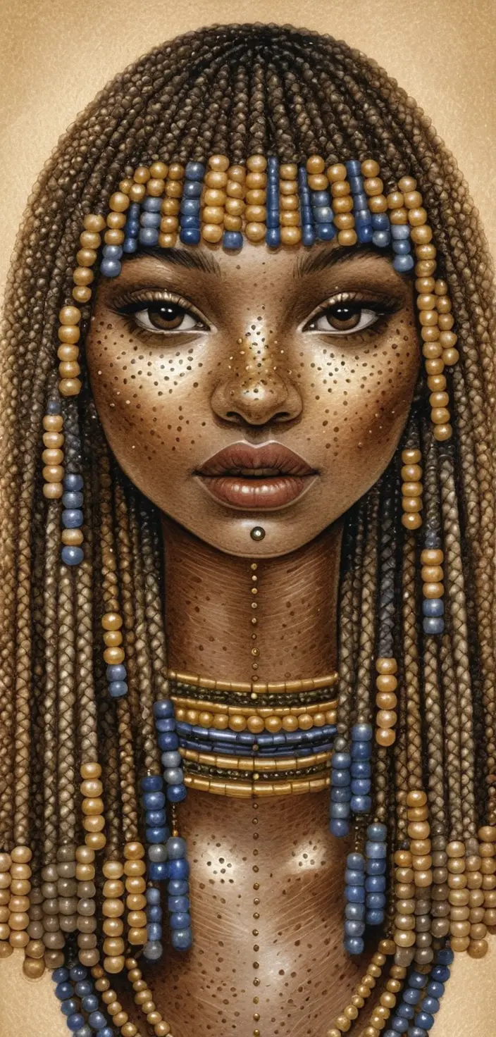 Nubian girl portrait with braids and golden beaded jewelry